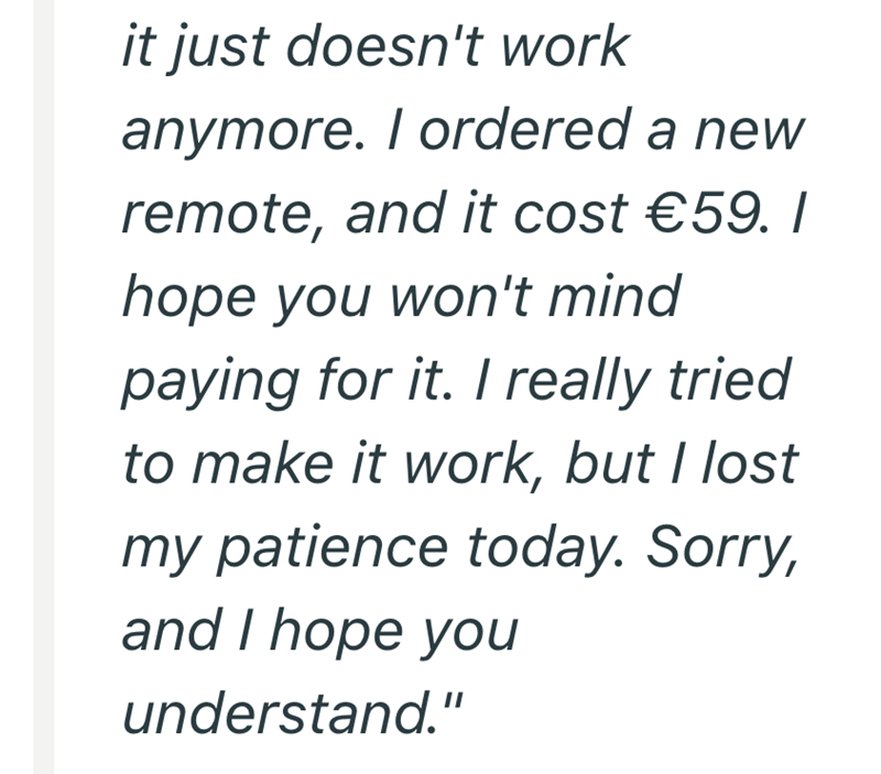 it just doesn't work anymore. I ordered a new remote, and it cost €59. I hope you won't mind paying for it. I really tried to make it work, but I lost my patience today. Sorry, and I hope you understand."