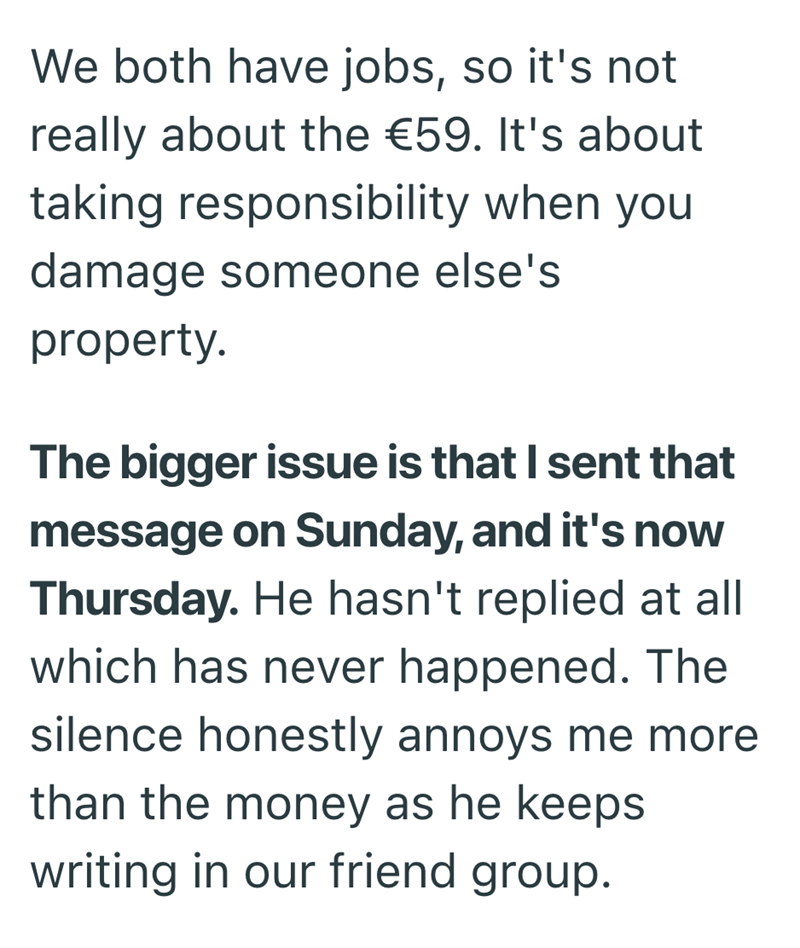We both have jobs, so it's not really about the €59. It's about taking responsibility when you damage someone else's property. The bigger issue is that I sent that message on Sunday, and it's now Thursday. He hasn't replied at all which has never happened. The silence honestly annoys me more than the money as he keeps writing in our friend group.