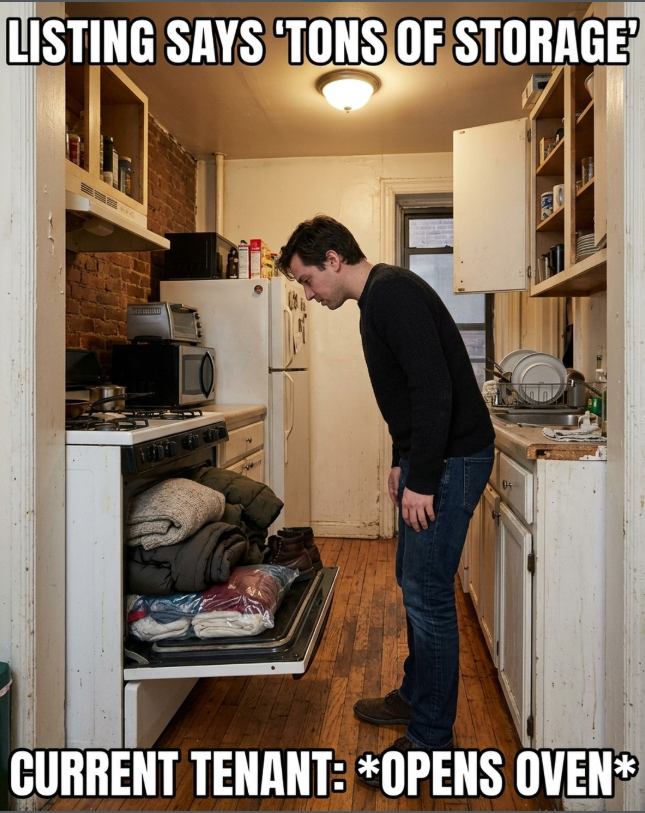 LISTING SAYS 'TONS OF STORAGE 05 CURRENT TENANT: *OPENS OVEN*