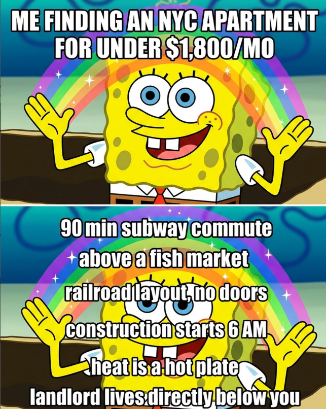 ME FINDING AN NYC APARTMENT FOR UNDER $1,800/MO 90 min subway commute +above a fish market railroad layout no doors construction starts 6 AM heat is a hot plate + landlord lives directly below you