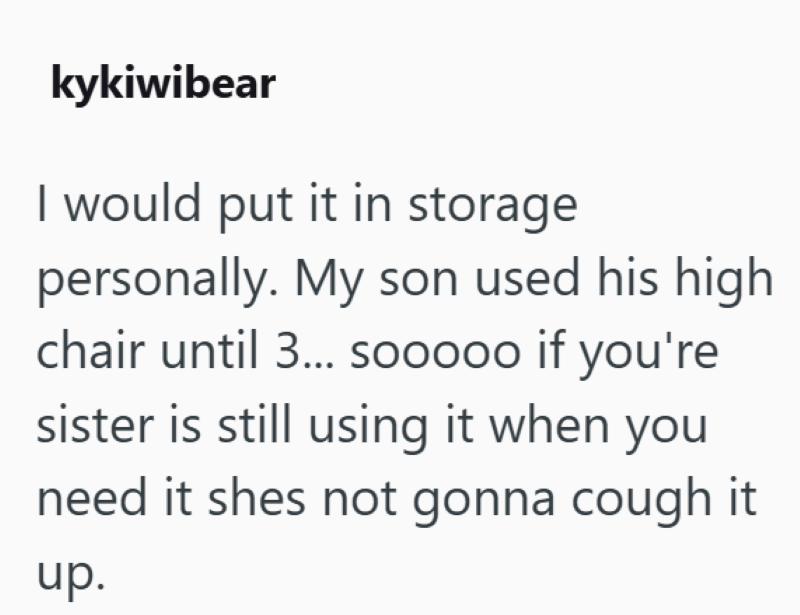 kykiwibear I would put it in storage personally. My son used his high chair until 3... sooooo if you're sister is still using it when you need it shes not gonna cough it up.