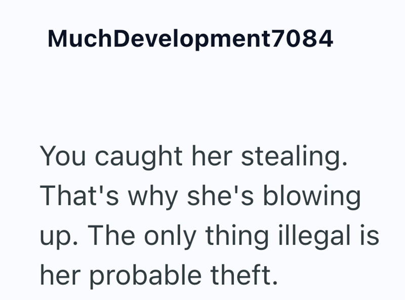 MuchDevelopment7084 You caught her stealing. That's why she's blowing up. The only thing illegal is her probable theft.