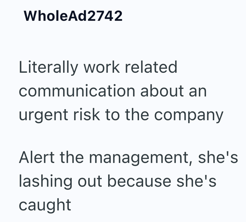 WholeAd2742 Literally work related communication about an urgent risk to the company Alert the management, she's lashing out because she's caught