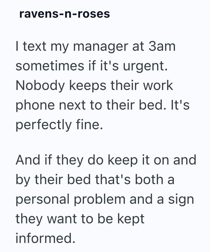 ravens-n-roses I text my manager at 3am sometimes if it's urgent. Nobody keeps their work phone next to their bed. It's perfectly fine. And if they do keep it on and by their bed that's both a personal problem and a sign they want to be kept informed.