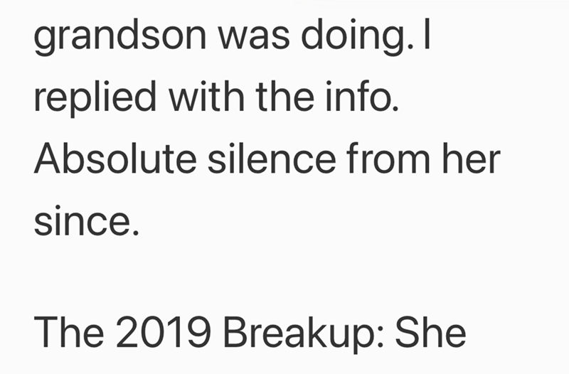 grandson was doing. I replied with the info. Absolute silence from her since. The 2019 Breakup: She