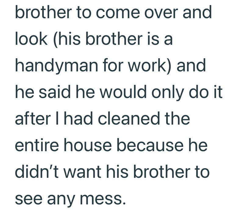 brother to come over and look (his brother is a handyman for work) and he said he would only do it after I had cleaned the entire house because he didn't want his brother to see any mess.