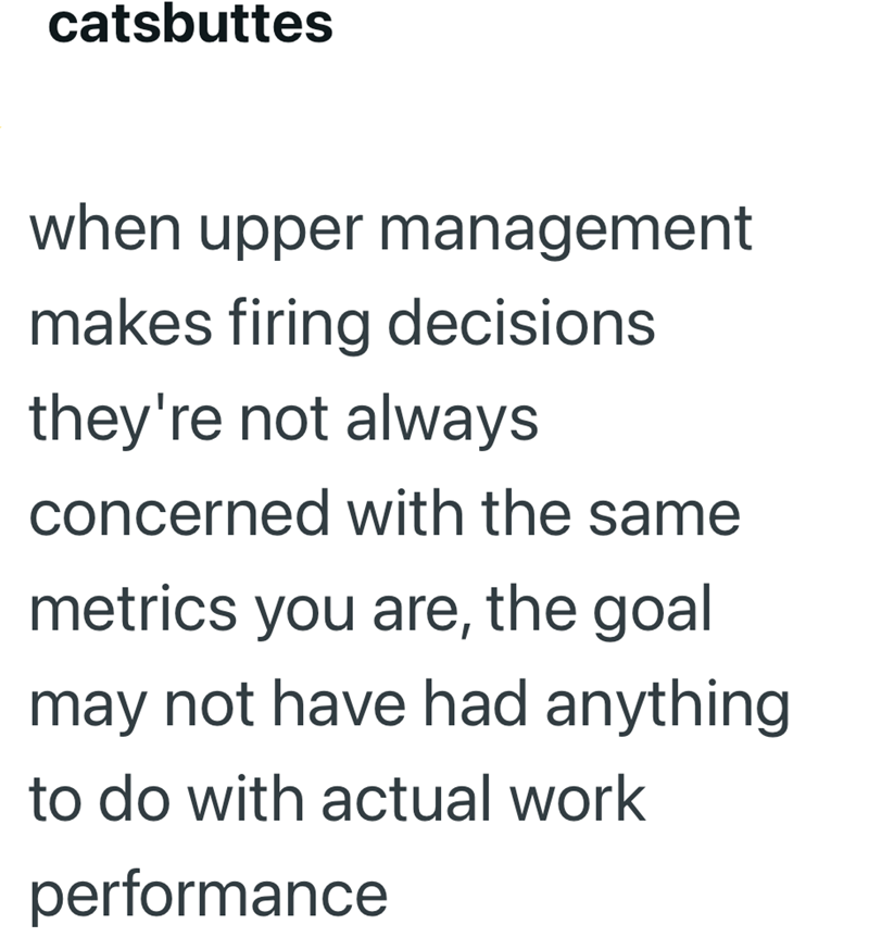 catsbuttes when upper management makes firing decisions they're not always concerned with the same metrics you are, the goal may not have had anything to do with actual work performance
