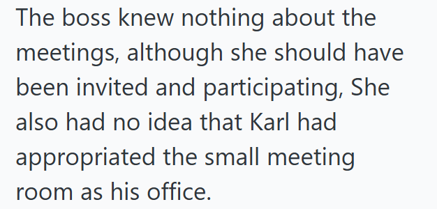 The boss knew nothing about the meetings, although she should have been invited and participating, She also had no idea that Karl had appropriated the small meeting room as his office.
