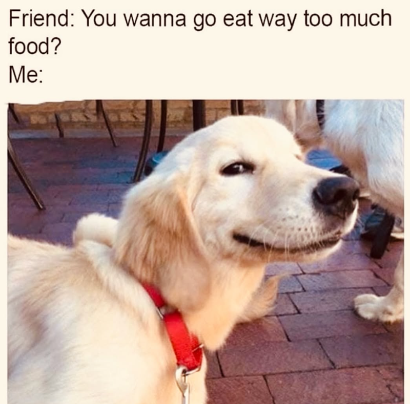 Friend: You wanna go eat way too much food? Me: