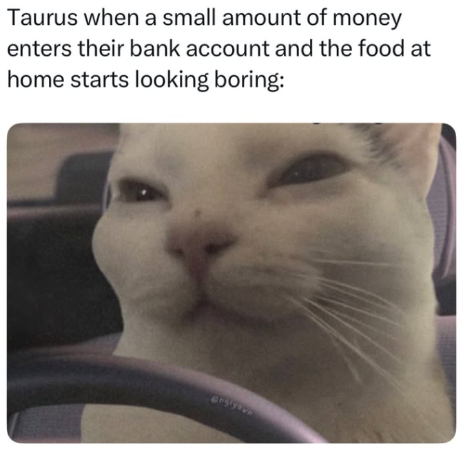 Taurus when a small amount of money enters their bank account and the food at home starts looking boring: