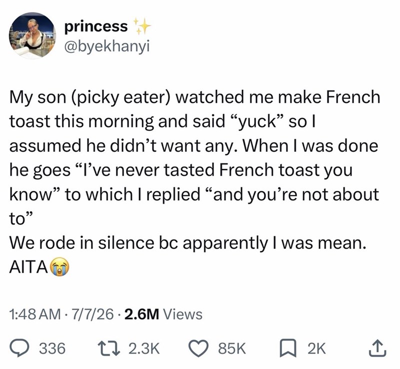 princess ++ @byekhanyi My son (picky eater) watched me make French toast this morning and said "yuck” so I assumed he didn't want any. When I was done he goes "I've never tasted French toast you know" to which I replied "and you're not about to" We rode in silence bc apparently I was mean. AITA 1:48 AM 7/7/26 2.6M Views 336 17 2.3K 85K ☐ 2K ↑