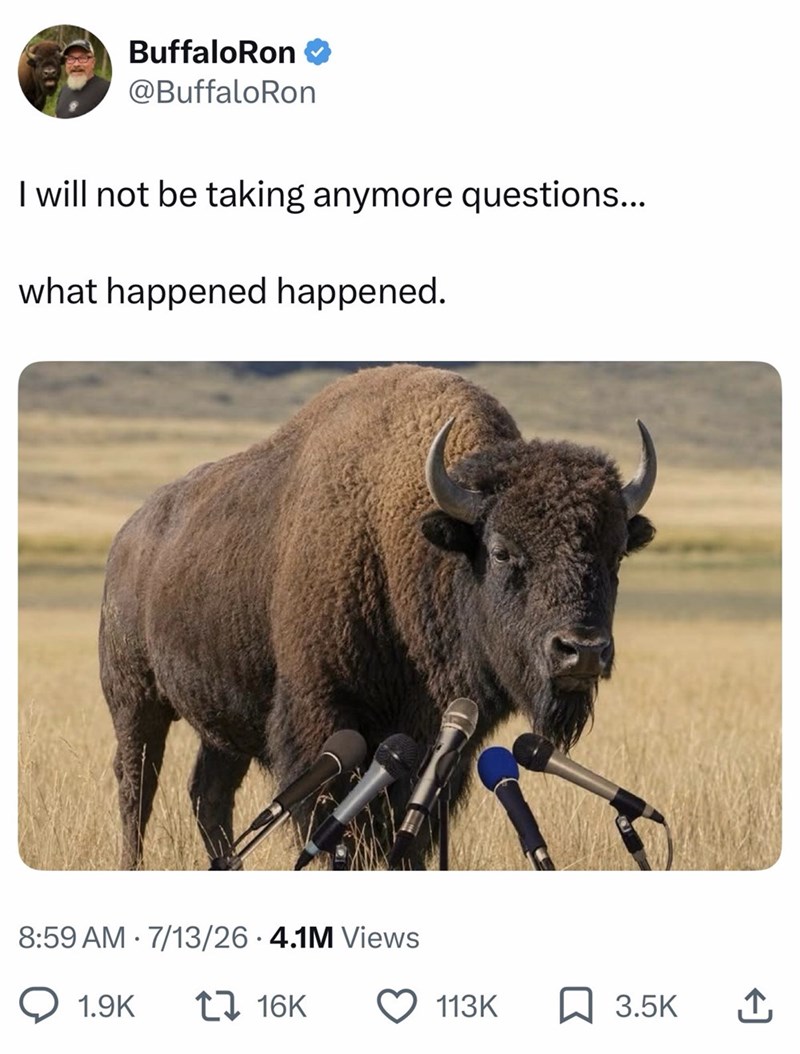 BuffaloRon @BuffaloRon I will not be taking anymore questions... what happened happened. 8:59 AM 7/13/26 4.1M Views 1.9K 1 16K 113K 3.5K ↑