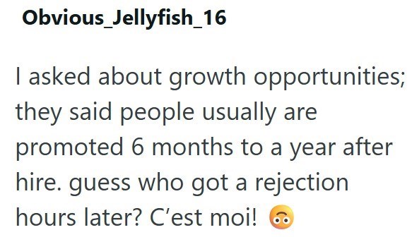 Obvious_Jellyfish_16 I asked about growth opportunities; they said people usually are promoted 6 months to a year after hire. guess who got a rejection hours later? C'est moi!