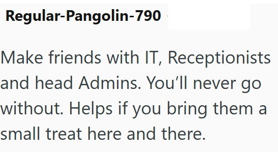 Regular-Pangolin-790 Make friends with IT, Receptionists and head Admins. You'll never go without. Helps if you bring them a small treat here and there.
