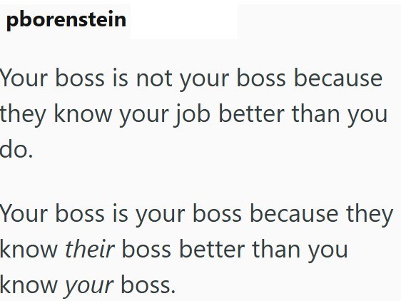 pborenstein Your boss is not your boss because they know your job better than you do. Your boss is your boss because they know their boss better than you know your boss.