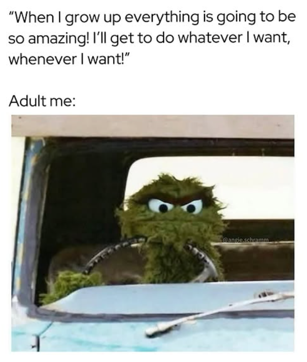 "When I grow up everything is going to be so amazing! I'll get to do whatever I want, whenever I want!" Adult me: @angie.schramm