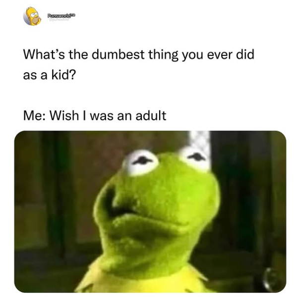 Punsworld™ @punsworld What's the dumbest thing you ever did as a kid? Me: Wish I was an adult