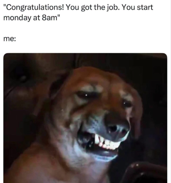 "Congratulations! You got the job. You start monday at 8am" me: