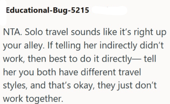 Educational-Bug-5215 NTA. Solo travel sounds like it's right up your alley. If telling her indirectly didn't work, then best to do it directly-tell her you both have different travel styles, and that's okay, they just don't work together.