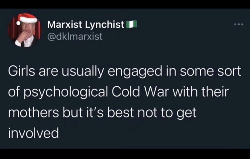 Marxist Lynchist @dklmarxist Girls are usually engaged in some sort of psychological Cold War with their mothers but it's best not to get involved
