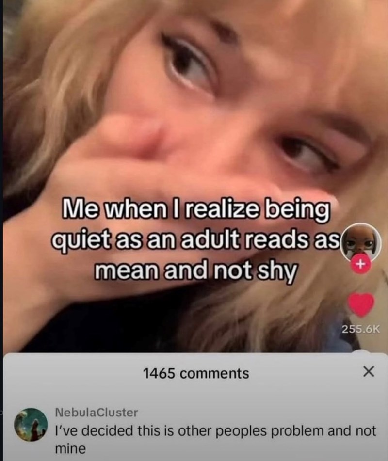 Me when I realize being quiet as an adult reads as mean and not shy 1465 comments 255.6K NebulaCluster I've decided this is other peoples problem and not mine