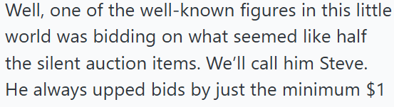 Well, one of the well-known figures in this little world was bidding on what seemed like half the silent auction items. We'll call him Steve. He always upped bids by just the minimum $1