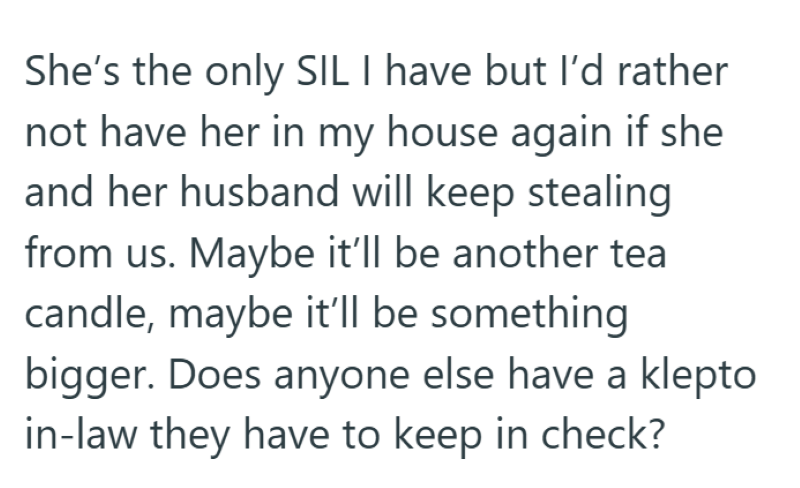 She's the only SIL I have but I'd rather not have her in my house again if she and her husband will keep stealing from us. Maybe it'll be another tea candle, maybe it'll be something bigger. Does anyone else have a klepto in-law they have to keep in check?