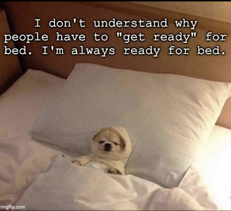 I don't understand why people have to "get ready" for bed. I'm always ready for bed. imgflip.com