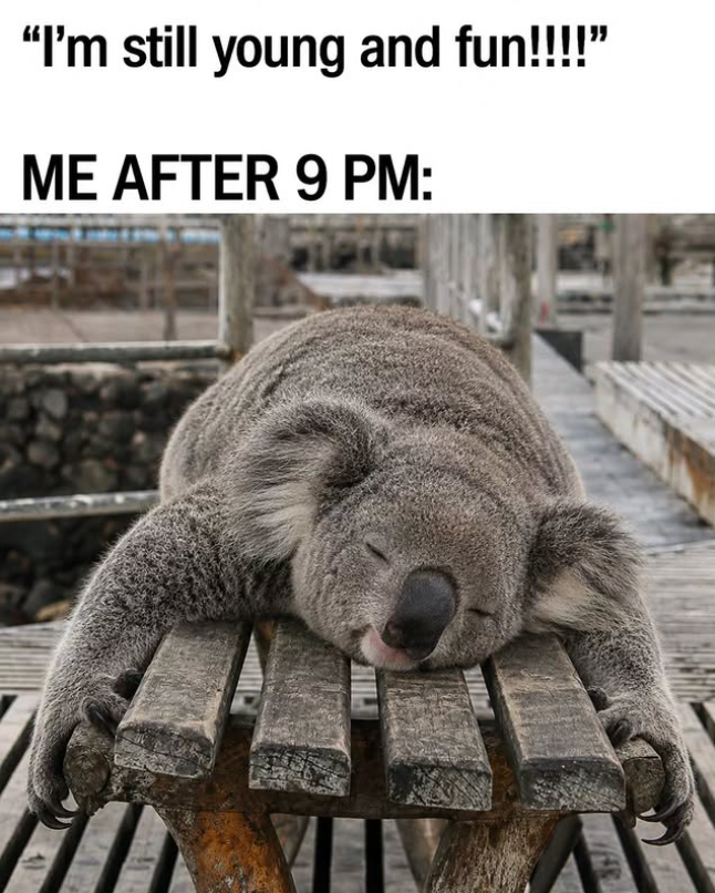 "I'm still young and fun!!!!" ME AFTER 9 PM: