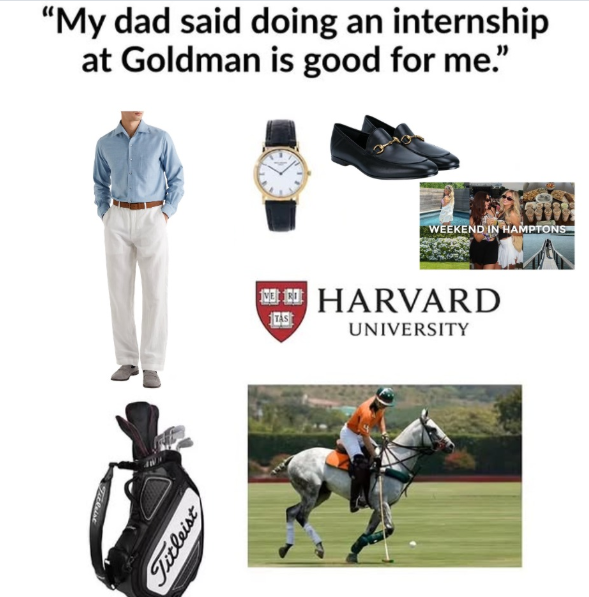 "My dad said doing an internship at Goldman is good for me." Titleist TAS WEEKEND IN HAMPTONS HARVARD UNIVERSITY