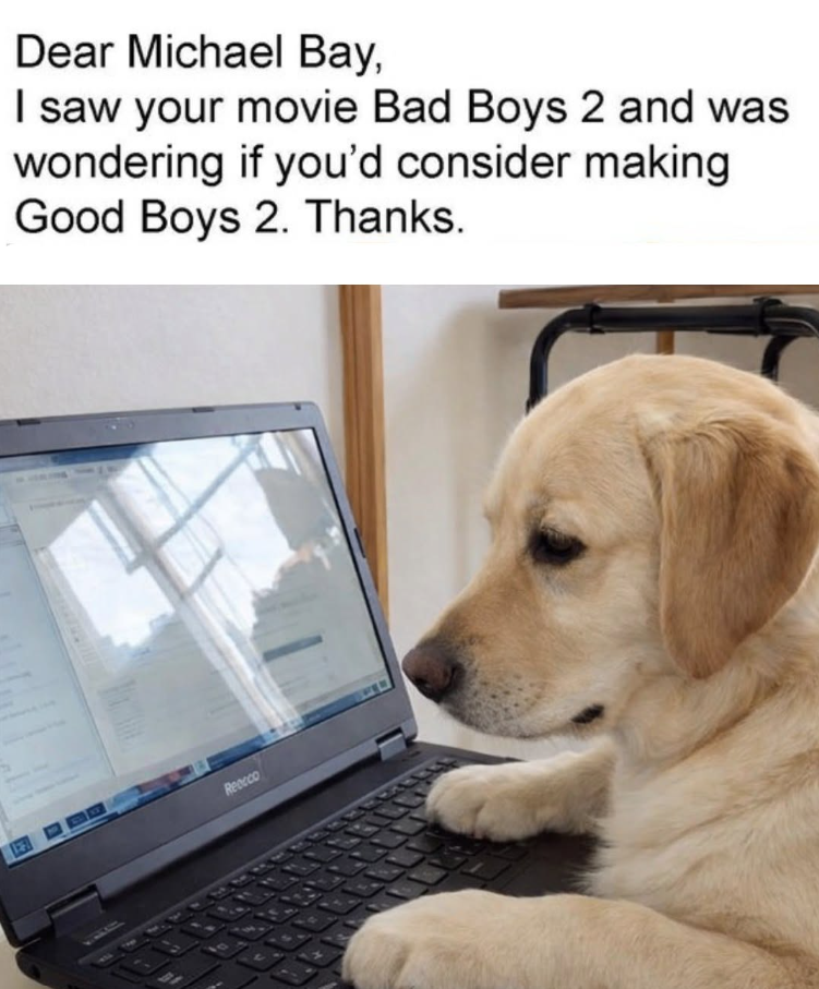 Dear Michael Bay, I saw your movie Bad Boys 2 and was wondering if you'd consider making Good Boys 2. Thanks. Reocco