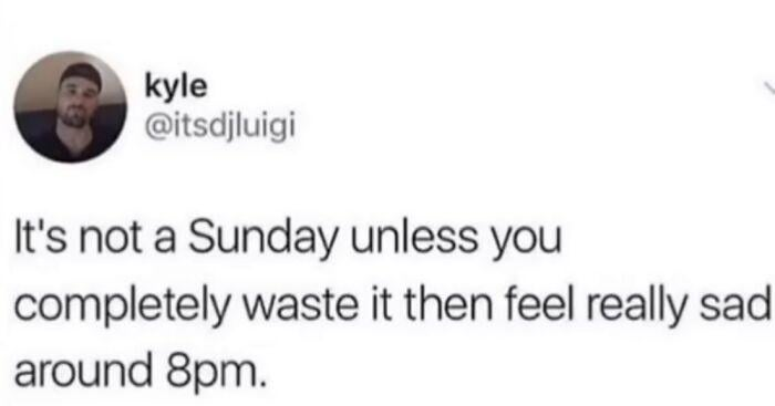 kyle @itsdjluigi It's not a Sunday unless you completely waste it then feel really sad around 8pm.