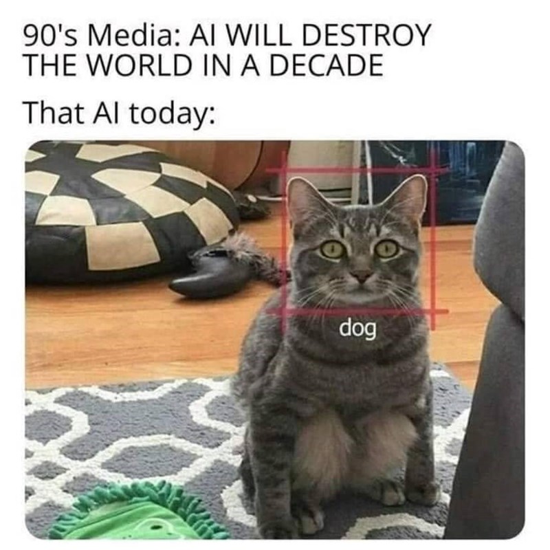 90's Media: AI WILL DESTROY THE WORLD IN A DECADE That Al today: dog