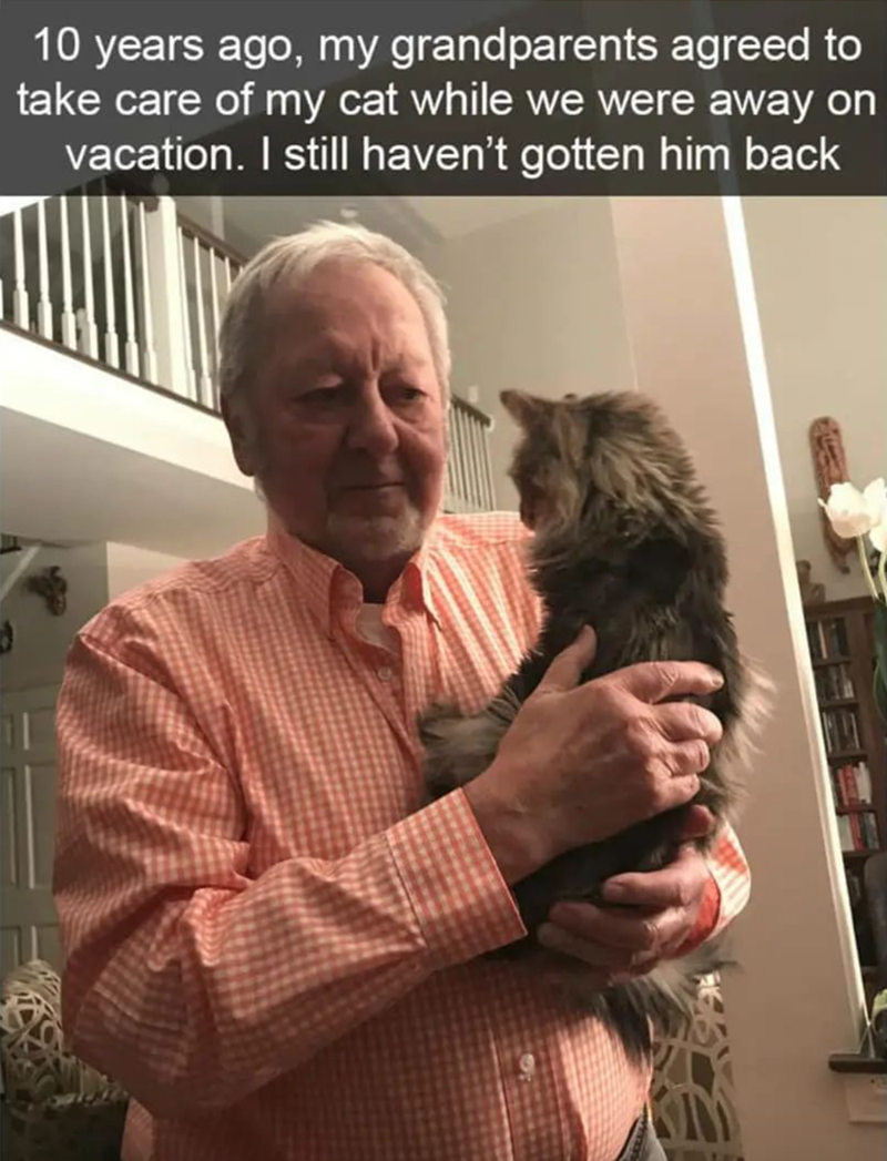 10 years ago, my grandparents agreed to take care of my cat while we were away on vacation. I still haven't gotten him back