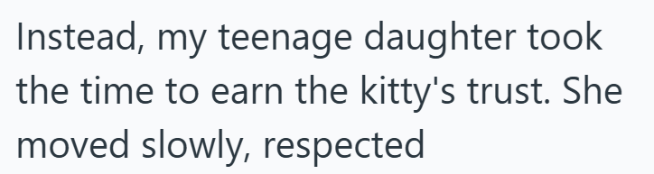 Instead, my teenage daughter took the time to earn the kitty's trust. She moved slowly, respected
