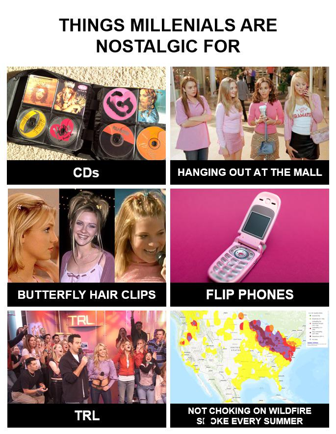 SPICE THINGS MILLENIALS ARE NOSTALGIC FOR CDs AMAT HANGING OUT AT THE MALL BUTTERFLY HAIR CLIPS FLIP PHONES TRL STATER TRL NOT CHOKING ON WILDFIRE SI OKE EVERY SUMMER