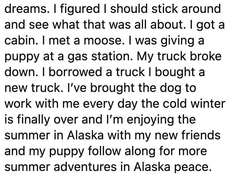 dreams. I figured I should stick around and see what that was all about. I got a cabin. I met a moose. I was giving a puppy at a gas station. My truck broke down. I borrowed a truck I bought a new truck. I've brought the dog to work with me every day the cold winter is finally over and I'm enjoying the summer in Alaska with my new friends and my puppy follow along for more summer adventures in Alaska peace.