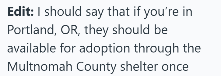 Edit: I should say that if you're in Portland, OR, they should be available for adoption through the Multnomah County shelter once