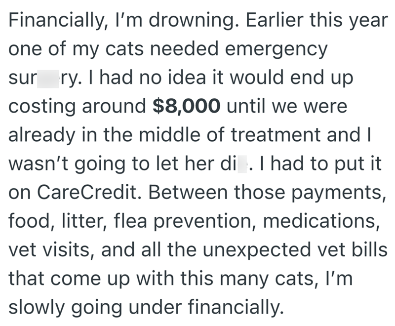 Financially, I'm drowning. Earlier this year one of my cats needed emergency sur ry. I had no idea it would end up costing around $8,000 until we were already in the middle of treatment and I wasn't going to let her di . I had to put it on CareCredit. Between those payments, food, litter, flea prevention, medications, vet visits, and all the unexpected vet bills that come up with this many cats, I'm slowly going under financially.