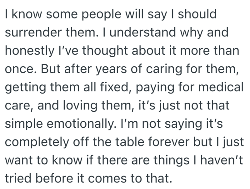 I know some people will say I should surrender them. I understand why and honestly I've thought about it more than once. But after years of caring for them, getting them all fixed, paying for medical care, and loving them, it's just not that simple emotionally. I'm not saying it's completely off the table forever but I just want to know if there are things I haven't tried before it comes to that.