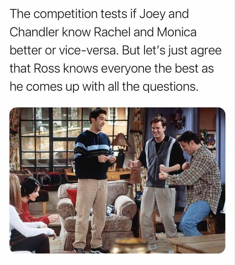 The competition tests if Joey and Chandler know Rachel and Monica better or vice-versa. But let's just agree that Ross knows everyone the best as he comes up with all the questions.