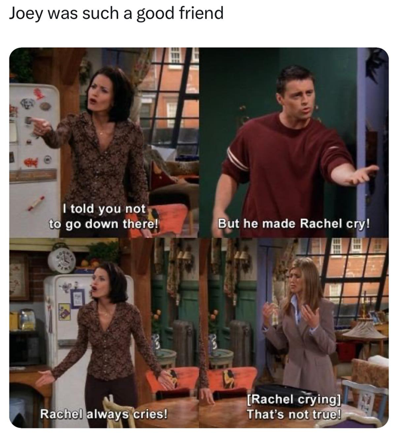 Joey was such a good friend I told you not to go down there! But he made Rachel cry! 24 Rachel always cries! [Rachel crying] That's not true!