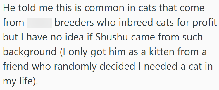 He told me this is common in cats that come from breeders who inbreed cats for profit but I have no idea if Shushu came from such background (I only got him as a kitten from a friend who randomly decided I needed a cat in my life).