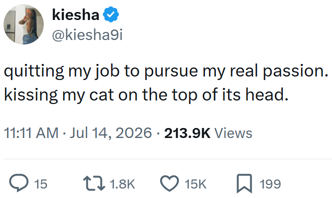 kiesha ❤ @kiesha9i quitting my job to pursue my real passion. kissing my cat on the top of its head. 11:11 AM ⚫ Jul 14, 2026 · 213.9K Views 15 171.8K 15K ☐ 199