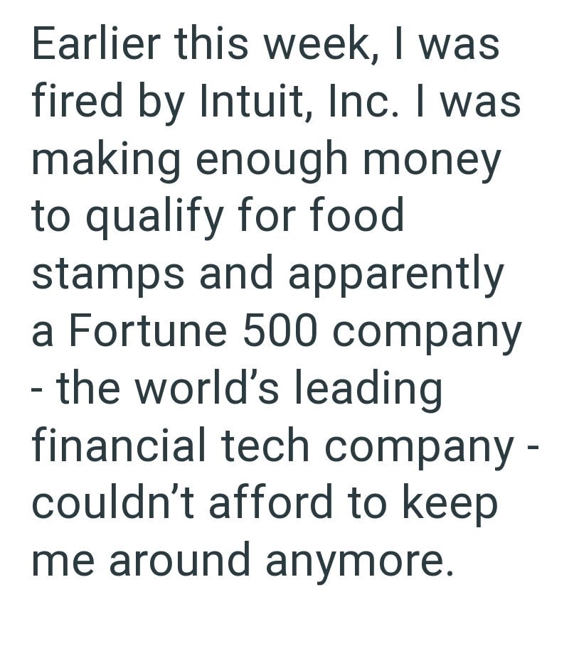 Earlier this week, I was fired by Intuit, Inc. I was making enough money to qualify for food stamps and apparently a Fortune 500 company - the world's leading financial tech company - couldn't afford to keep me around anymore.