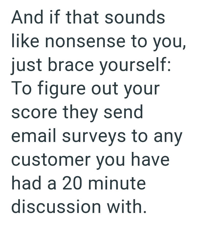 And if that sounds like nonsense to you, just brace yourself: To figure out your score they send email surveys to any customer you have had a 20 minute discussion with.