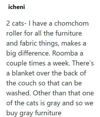 icheni 2 cats- I have a chomchom roller for all the furniture and fabric things, makes a big difference. Roomba a couple times a week. There's a blanket over the back of the couch so that can be washed. Other than that one of the cats is gray and so we buy gray furniture