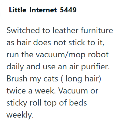 Little_Internet_5449 Switched to leather furniture as hair does not stick to it, run the vacuum/mop robot daily and use an air purifier. Brush my cats (long hair) twice a week. Vacuum or sticky roll top of beds weekly.