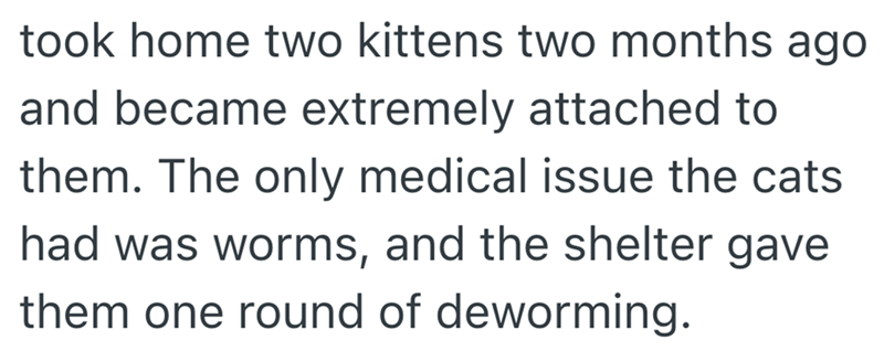 took home two kittens two months ago and became extremely attached to them. The only medical issue the cats had was worms, and the shelter gave them one round of deworming.
