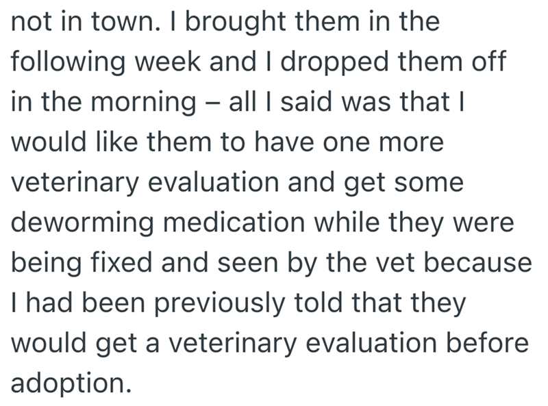 not in town. I brought them in the following week and I dropped them off in the morning - all I said was that I would like them to have one more veterinary evaluation and get some deworming medication while they were being fixed and seen by the vet because I had been previously told that they would get a veterinary evaluation before adoption.